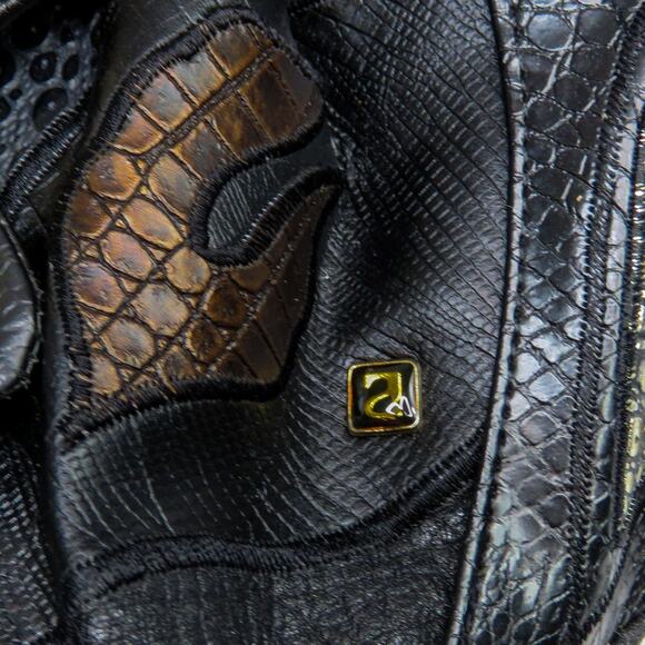 1980s Vintage NAS Black Frogskin Faux Leather Elephant Buckle Shoulder Bag - Picture 4 of 12